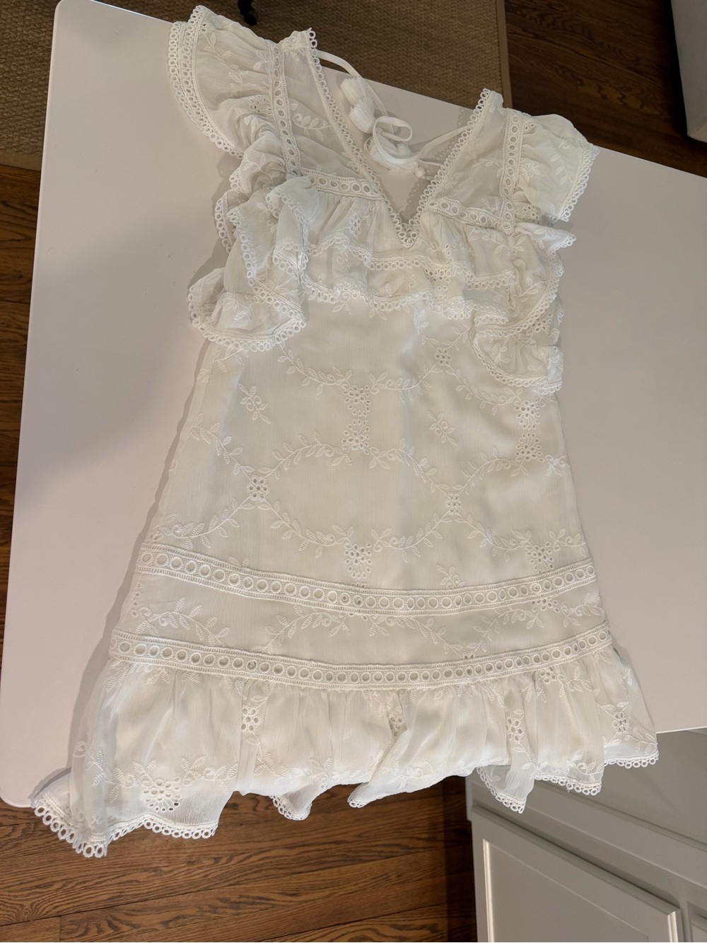 Tularosa White Embroidered Ruffle Mini Dress